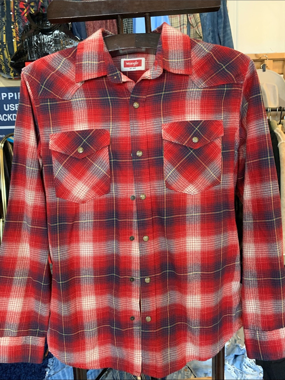 Wrangler Red and Navy Plaid Button-Down Shirt